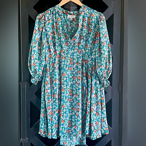 Umgee Dresses & Skirts - Umgee Teal Floral Puff Sleeve Metallic Babydoll Dress - Size S - VGC